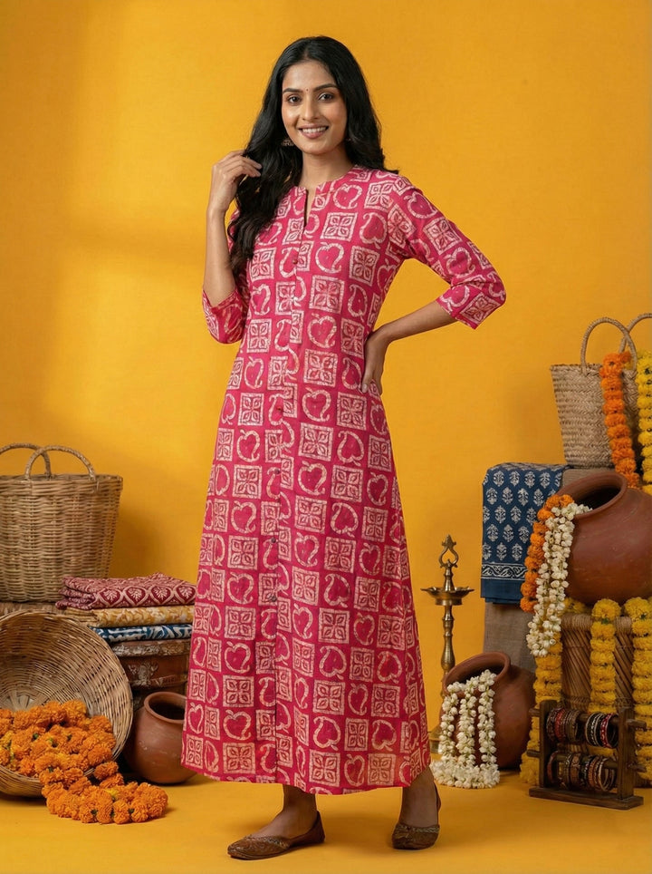 Neerus Pink silk digital printed kurta - front view