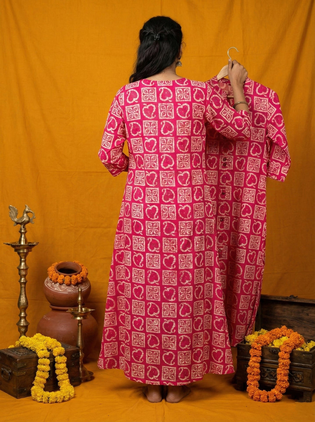 Neerus Pink silk digital printed kurta - side view