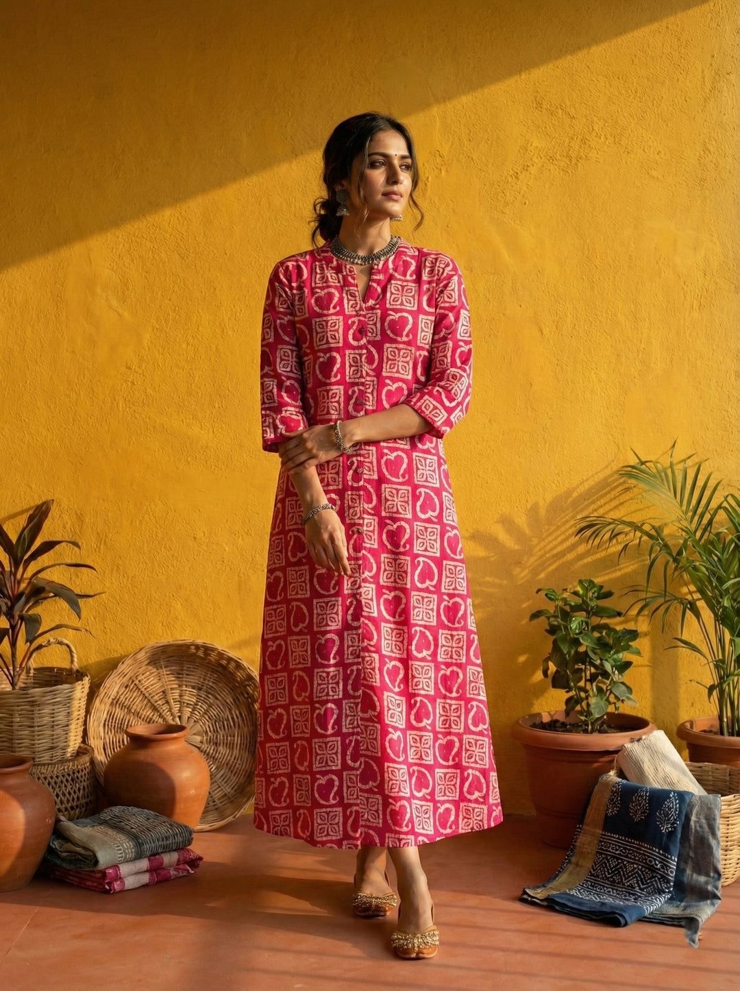 Neerus Pink silk digital printed kurta - detail view 2