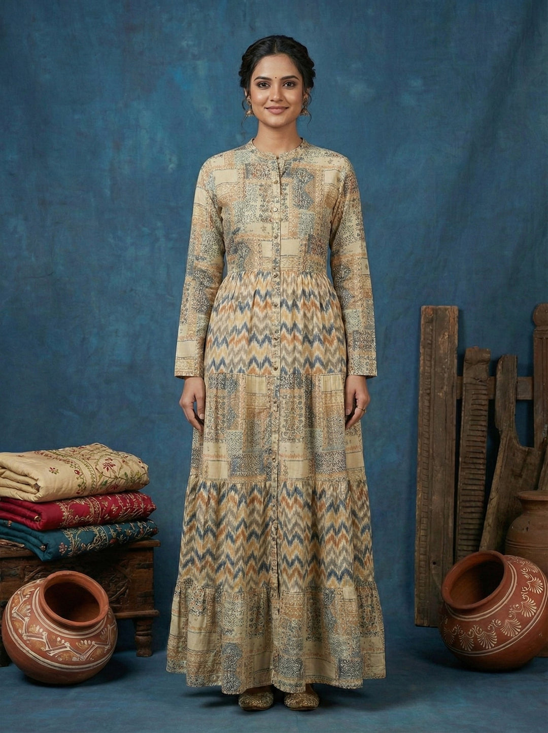 Neerus Beige rayon digital printed maxi dress - back view