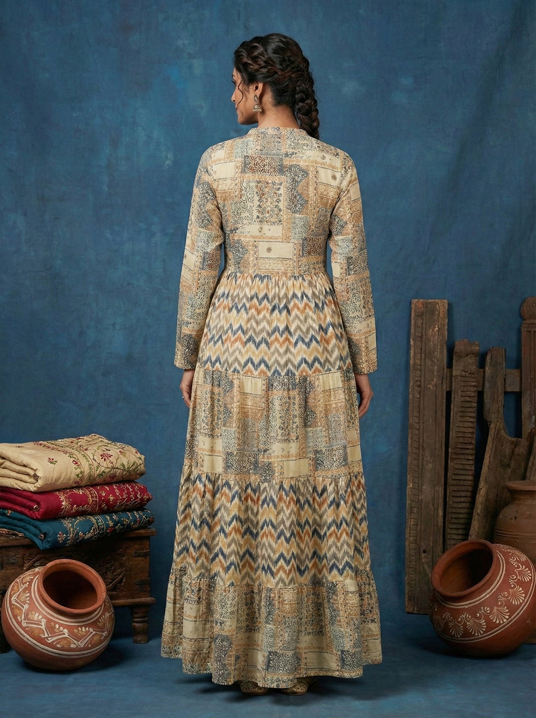 Neerus Beige rayon digital printed maxi dress - side view