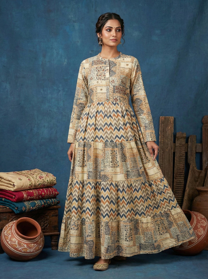 Neerus Beige rayon digital printed maxi dress - front view
