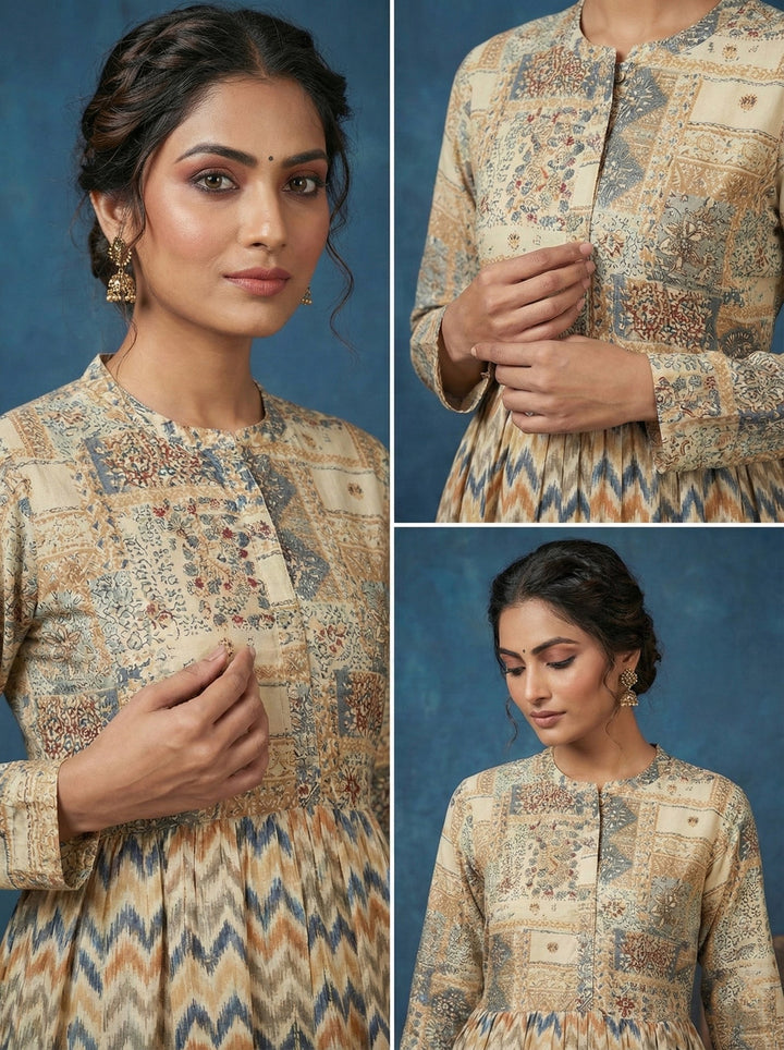 Neerus Beige rayon digital printed maxi dress - detail view 1