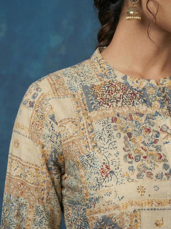 Neerus Beige rayon digital printed maxi dress - detail view 4