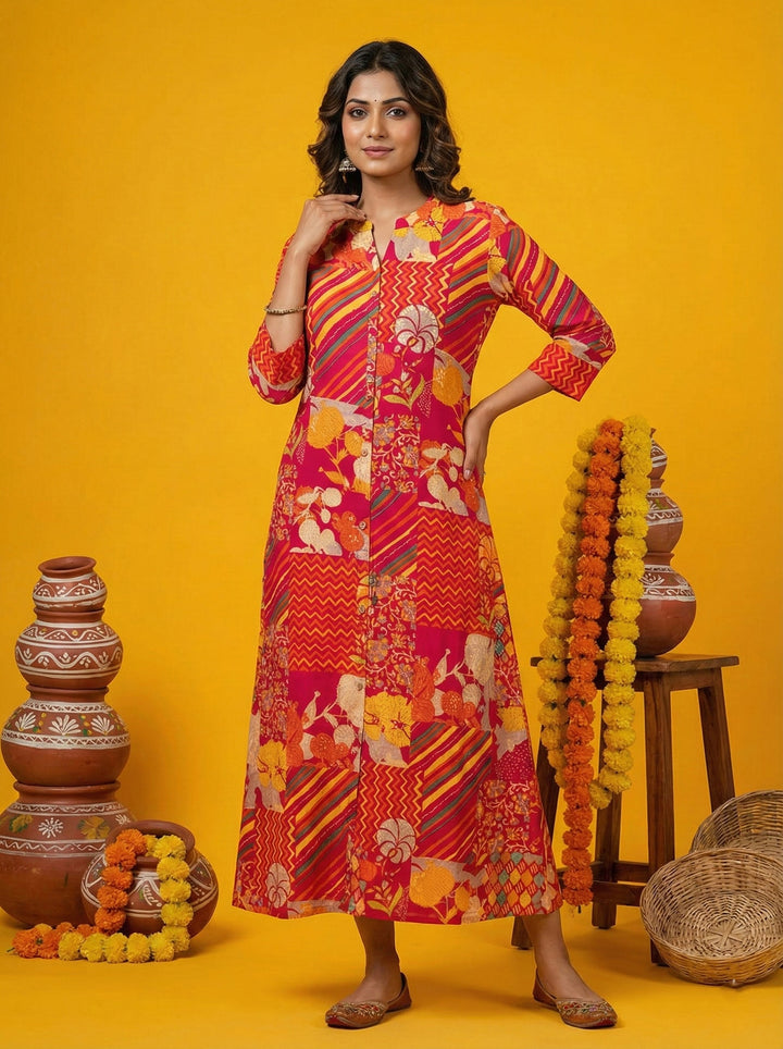 Neerus Pink silk digital printed maxi dress - front view