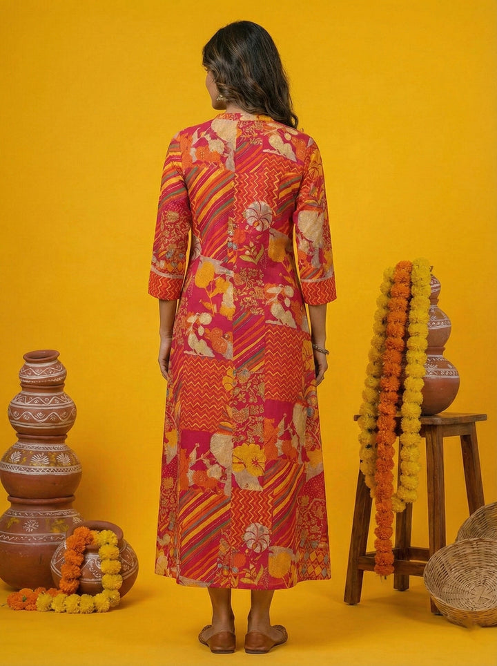 Neerus Pink silk digital printed maxi dress - detail view 1