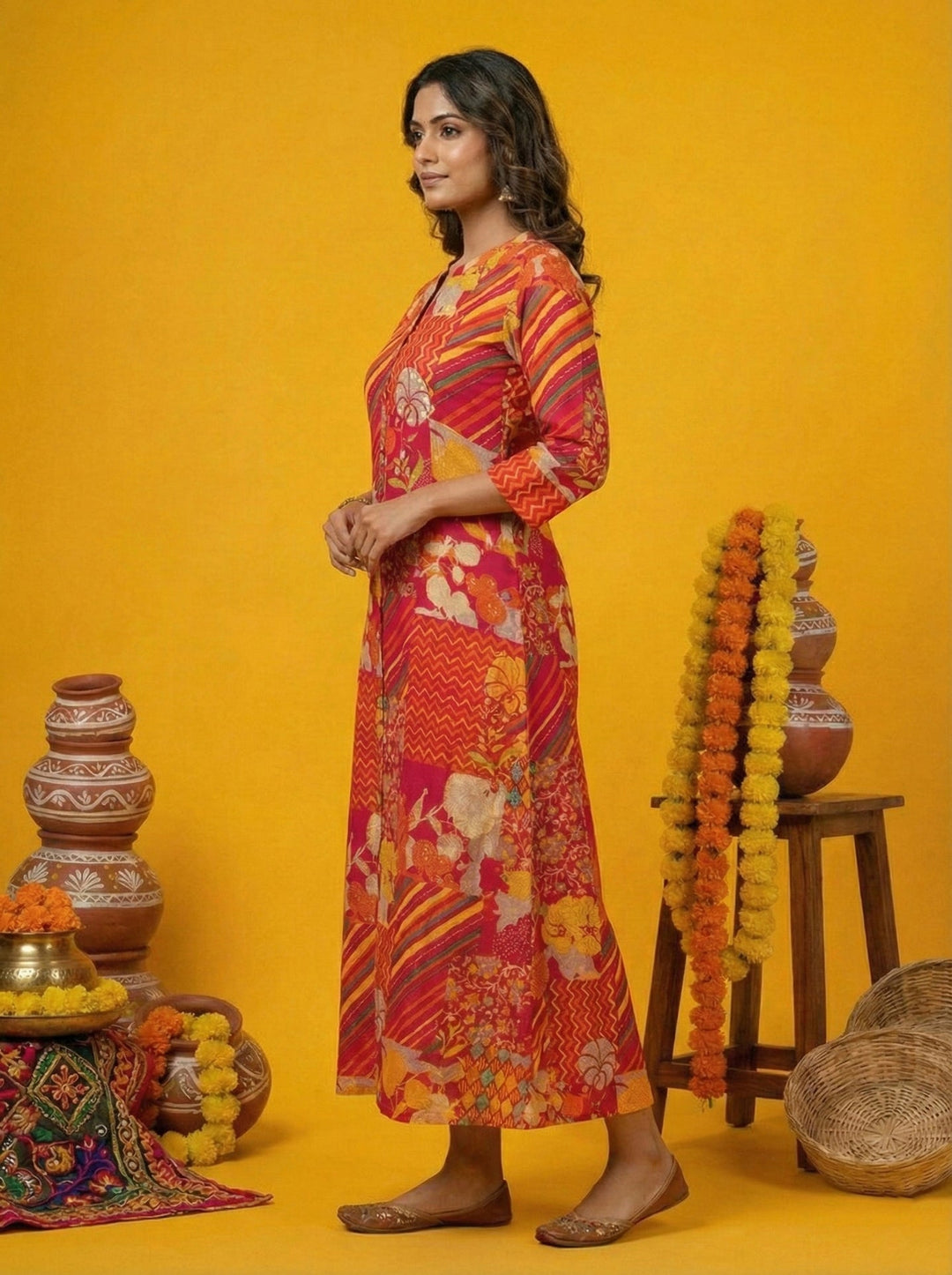 Neerus Pink silk digital printed maxi dress - back view