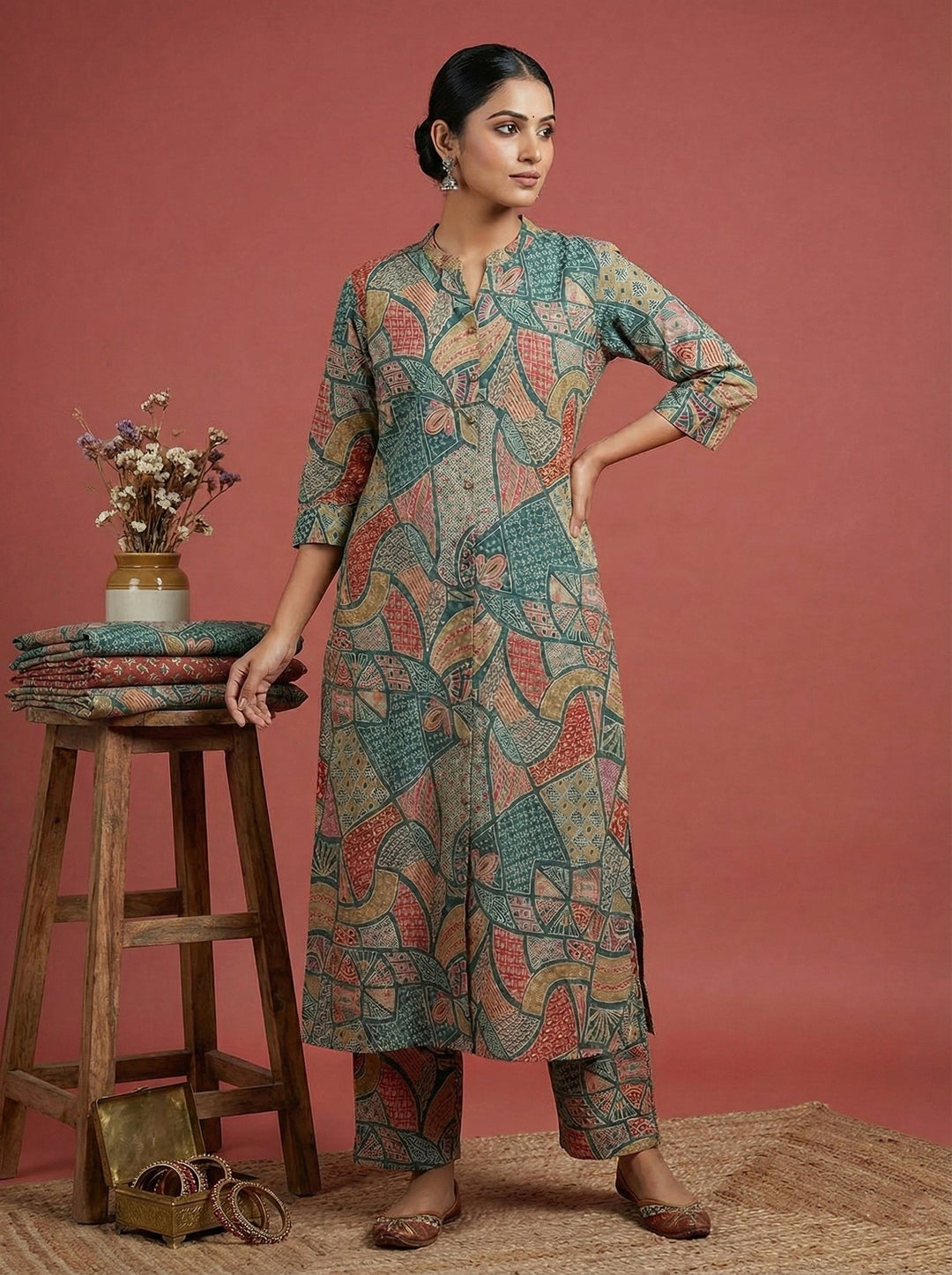 Neerus Green Rayon Digital Printed Kurta - front view