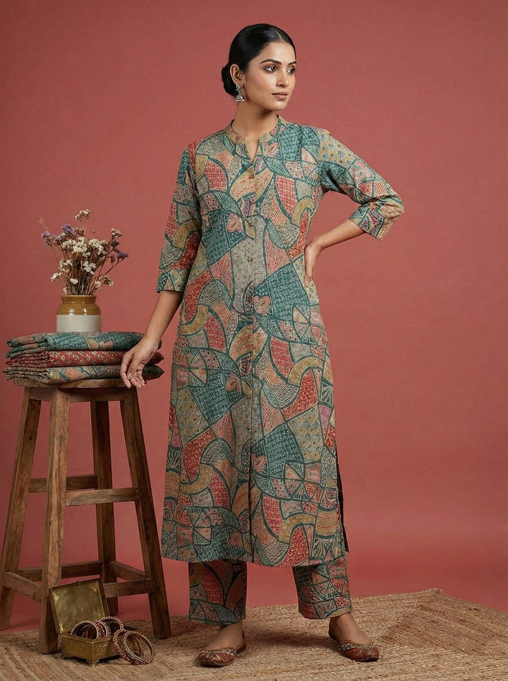 Neerus Green Rayon Digital Printed Kurta - front view