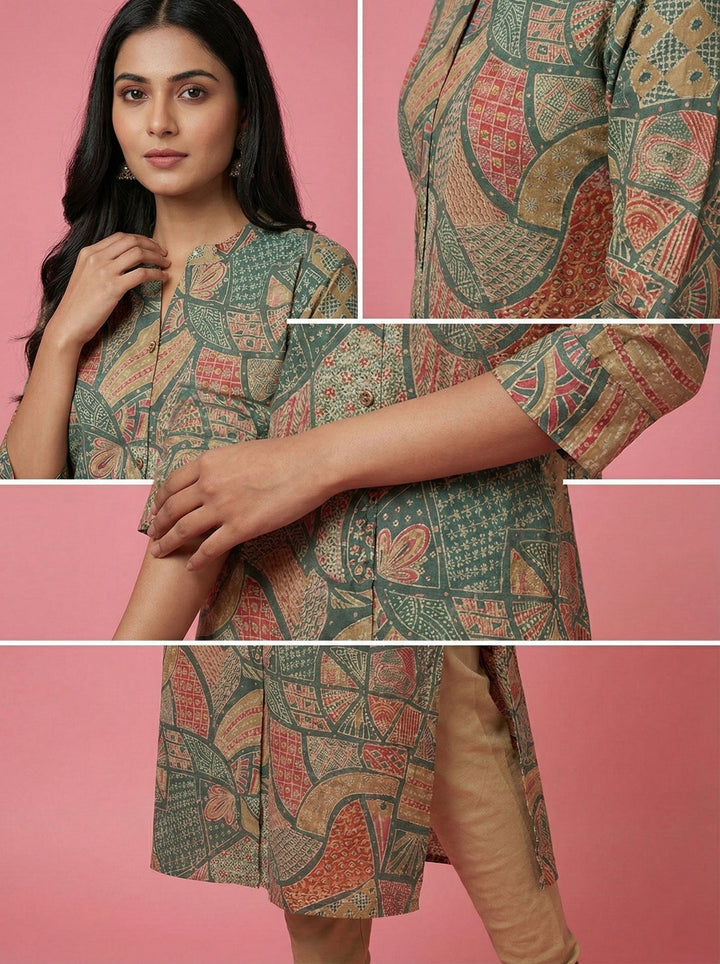 Neerus Green Rayon Digital Printed Kurta - side view