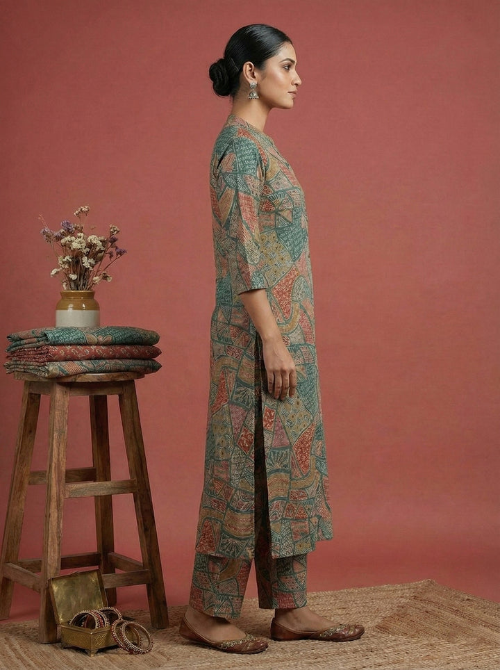 Neerus Green Rayon Digital Printed Kurta - back view