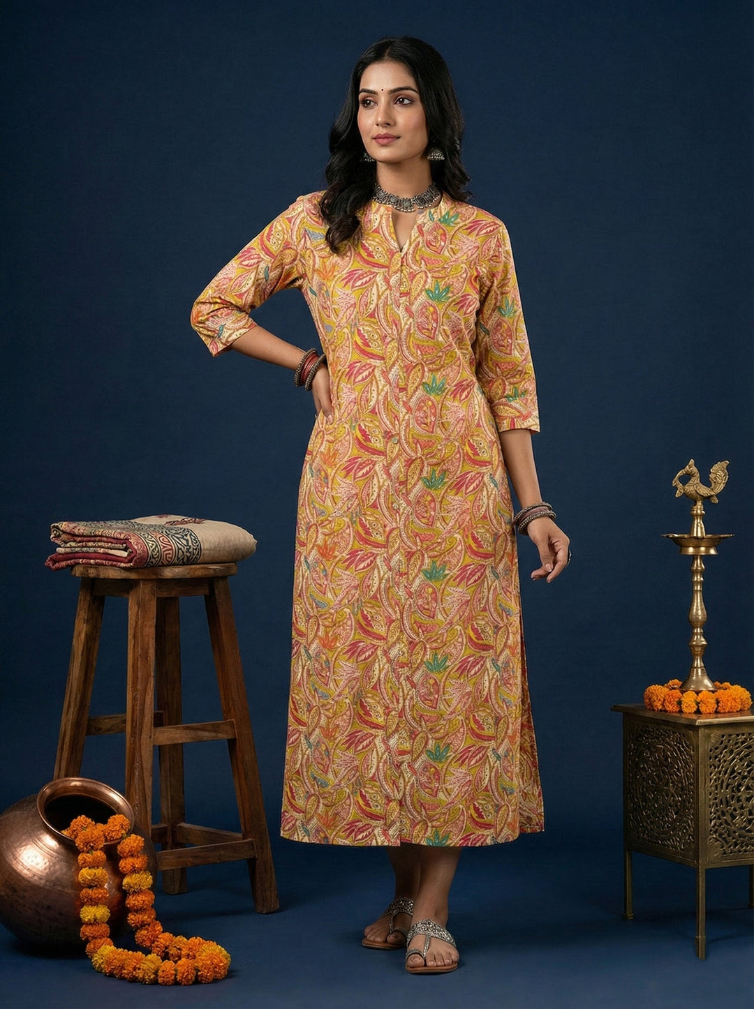 Neerus Green silk digital printed kurta - front view