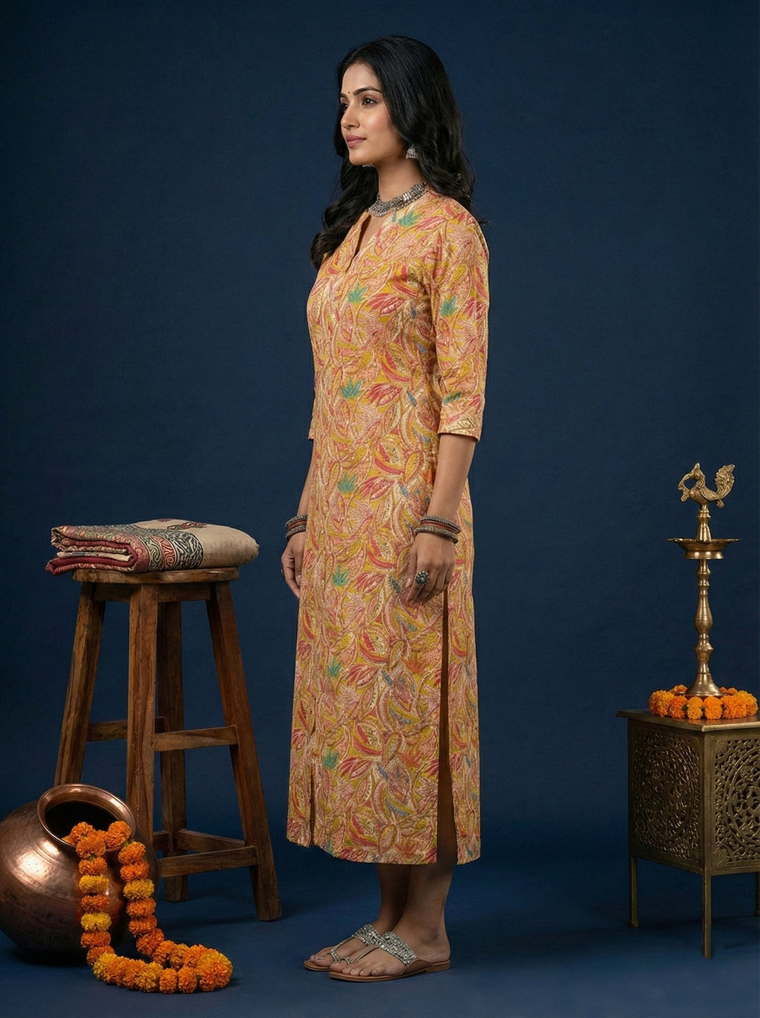Neerus Green silk digital printed kurta - back view