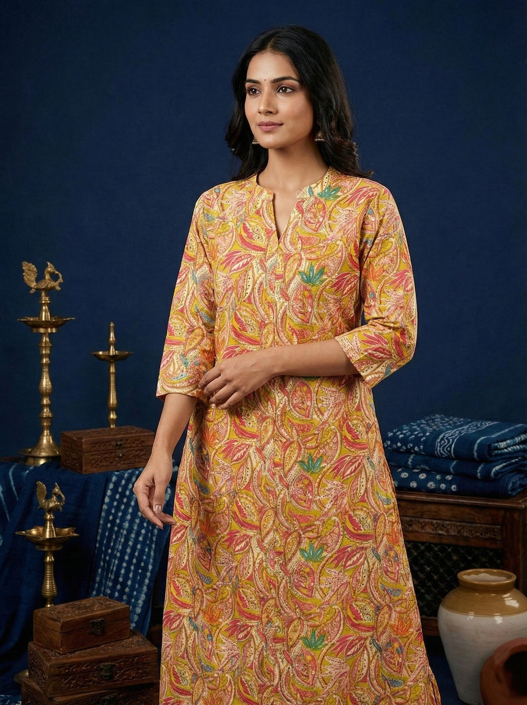 Neerus Green silk digital printed kurta - detail view 2