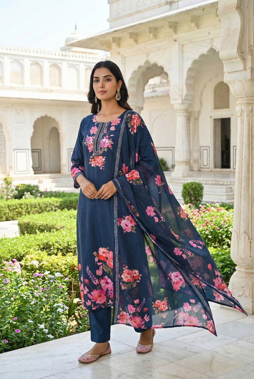 Neerus Green silk digital printed suit set - front view