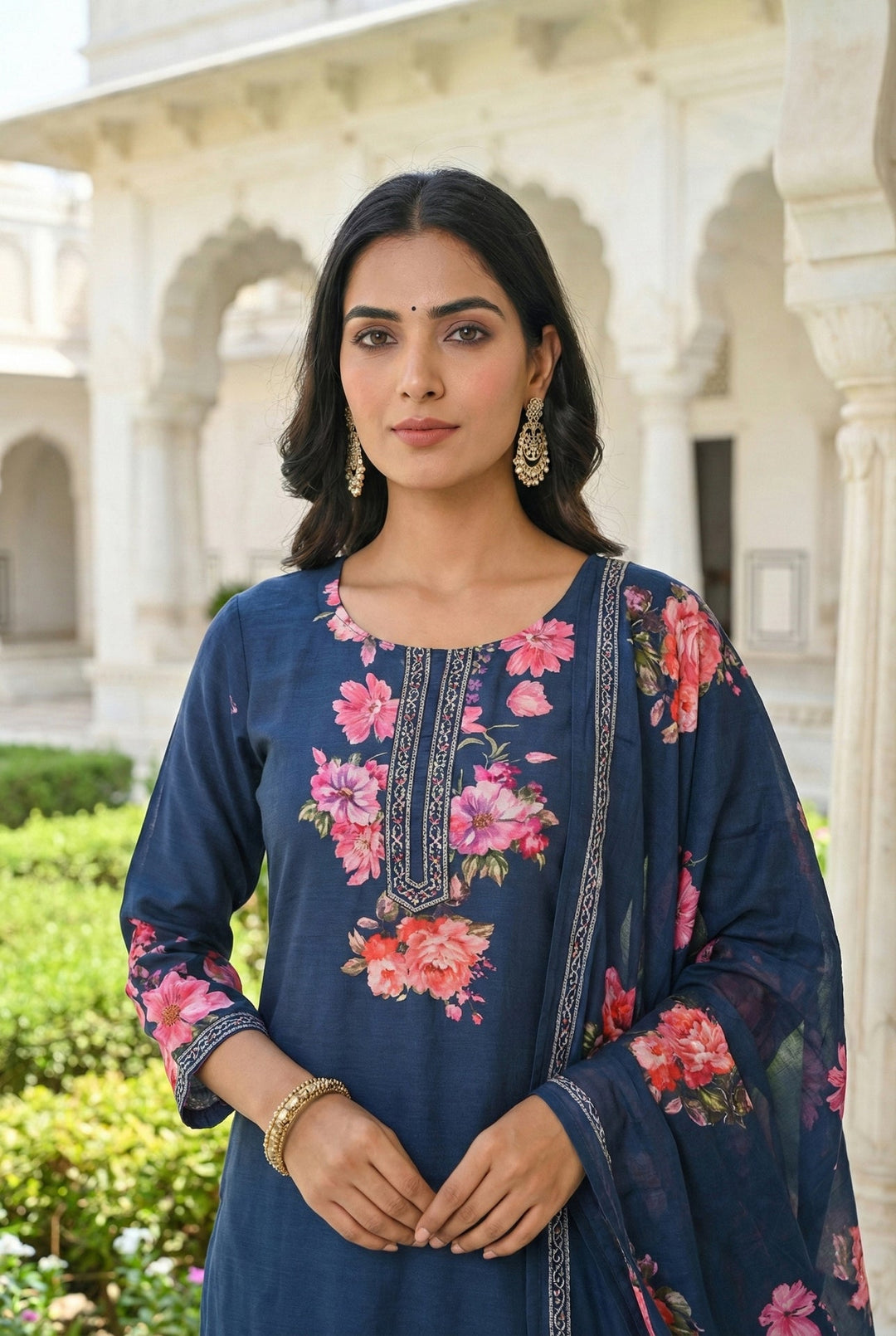 Neerus Green silk digital printed suit set - detail view 1