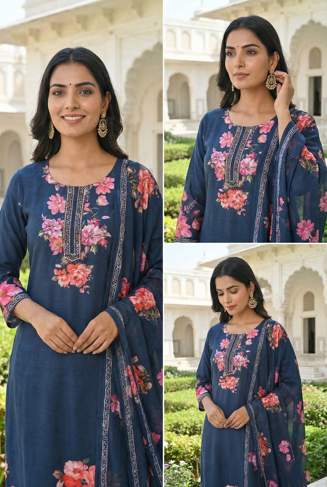 Neerus Green silk digital printed suit set - detail view 2