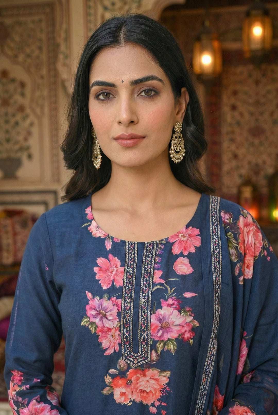 Neerus Green silk digital printed suit set - detail view 3