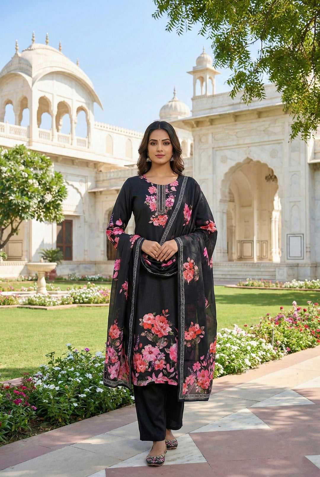 Neerus Black silk digital printed suit set - front view