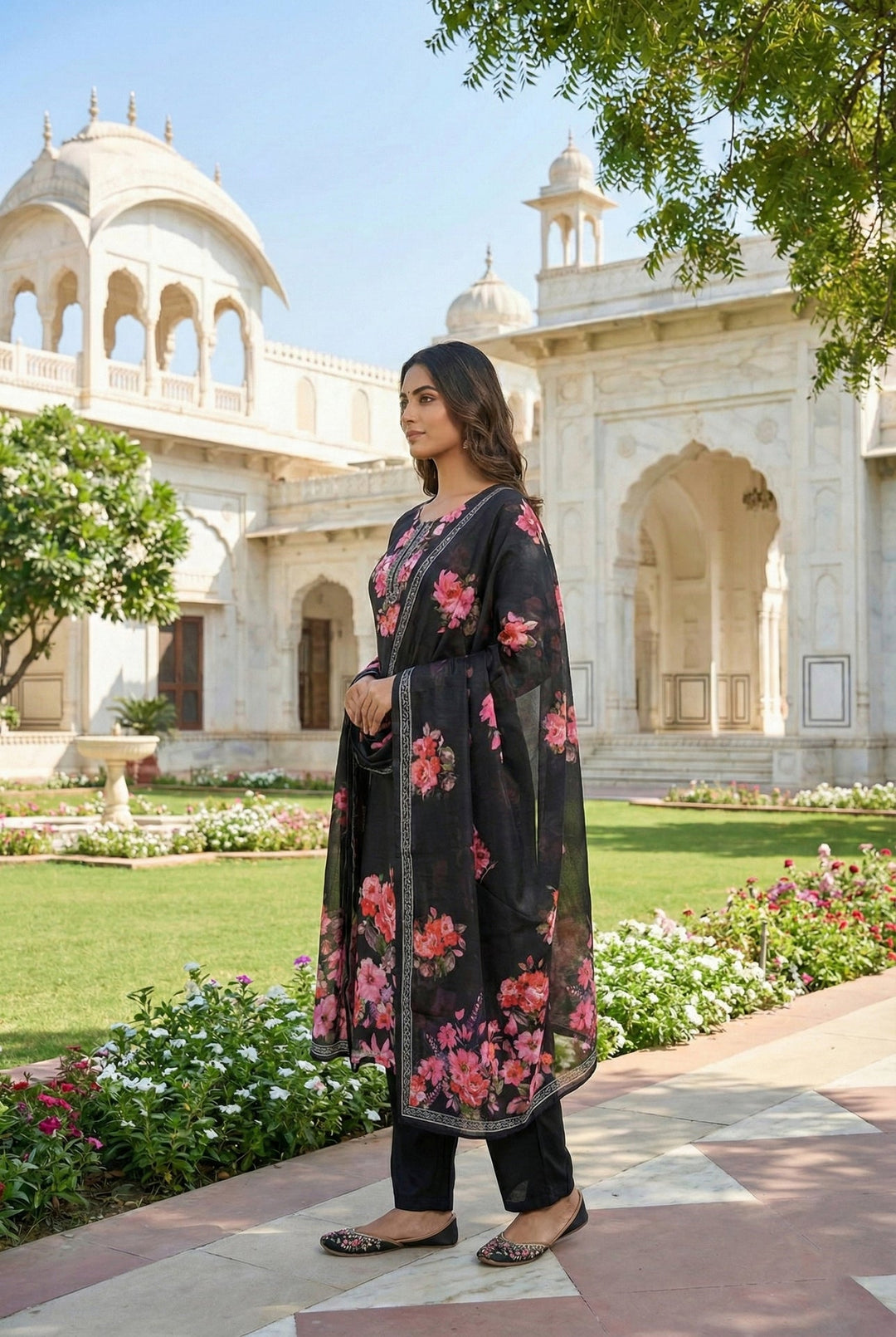 Neerus Black silk digital printed suit set - back view