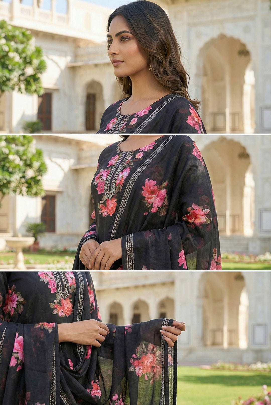Neerus Black silk digital printed suit set - detail view 1