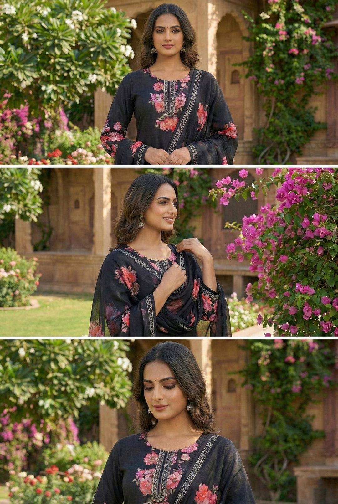 Neerus Black silk digital printed suit set - detail view 2