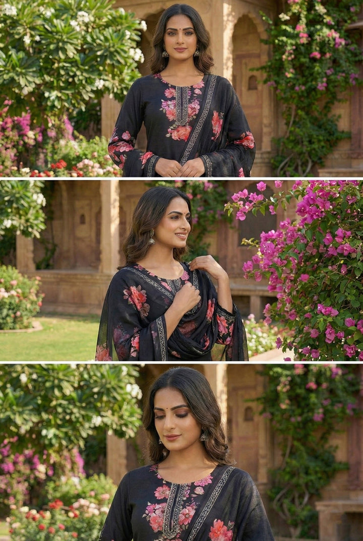 Neerus Black silk digital printed suit set - detail view 2