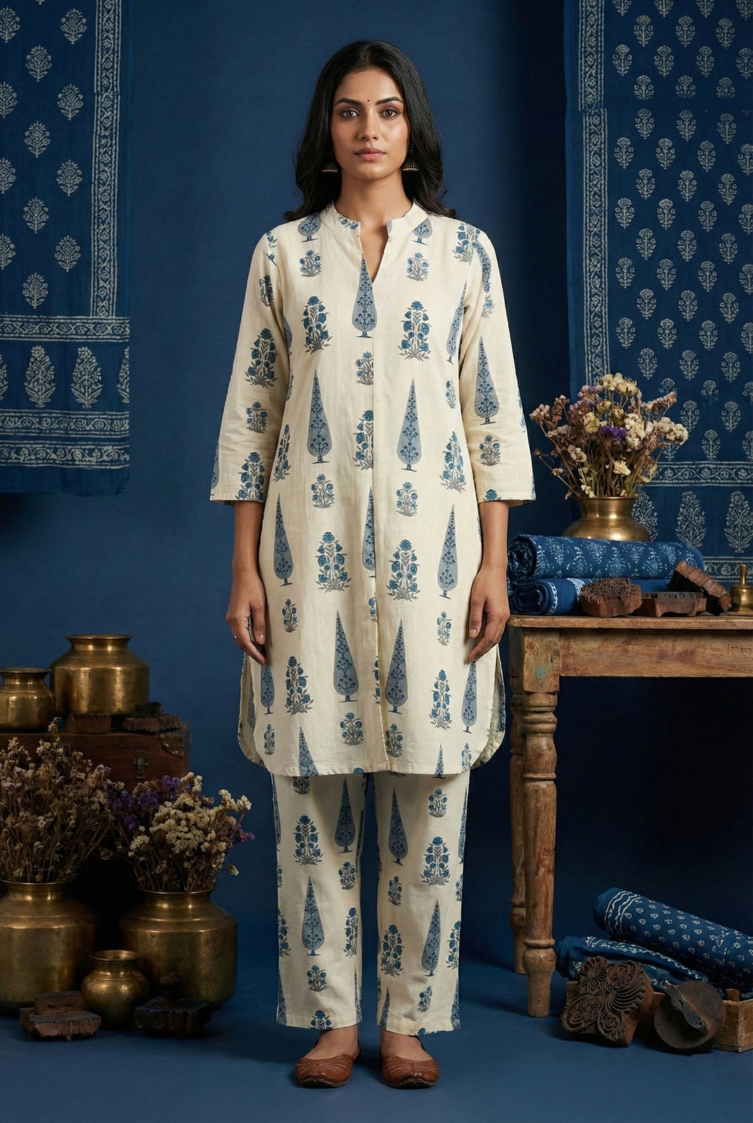Neerus Blue cotton digital printed suit set - front view