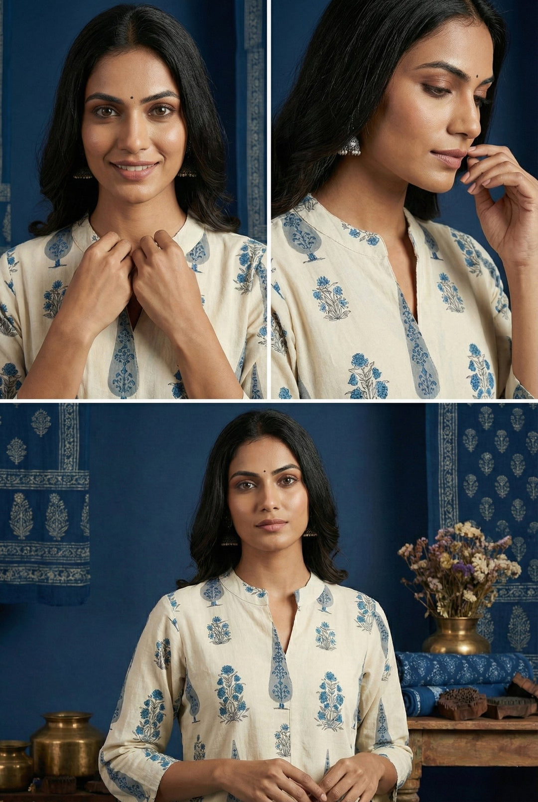 Neerus Blue cotton digital printed suit set - detail view 1