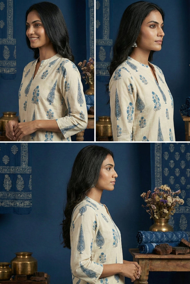 Neerus Blue cotton digital printed suit set - detail view 2