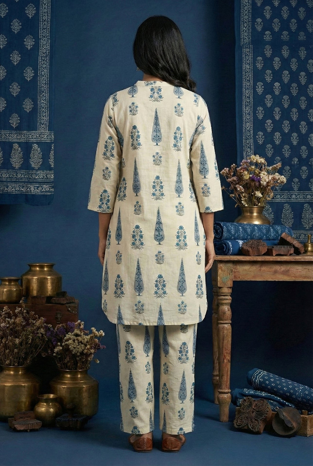 Neerus Blue cotton digital printed suit set - side view