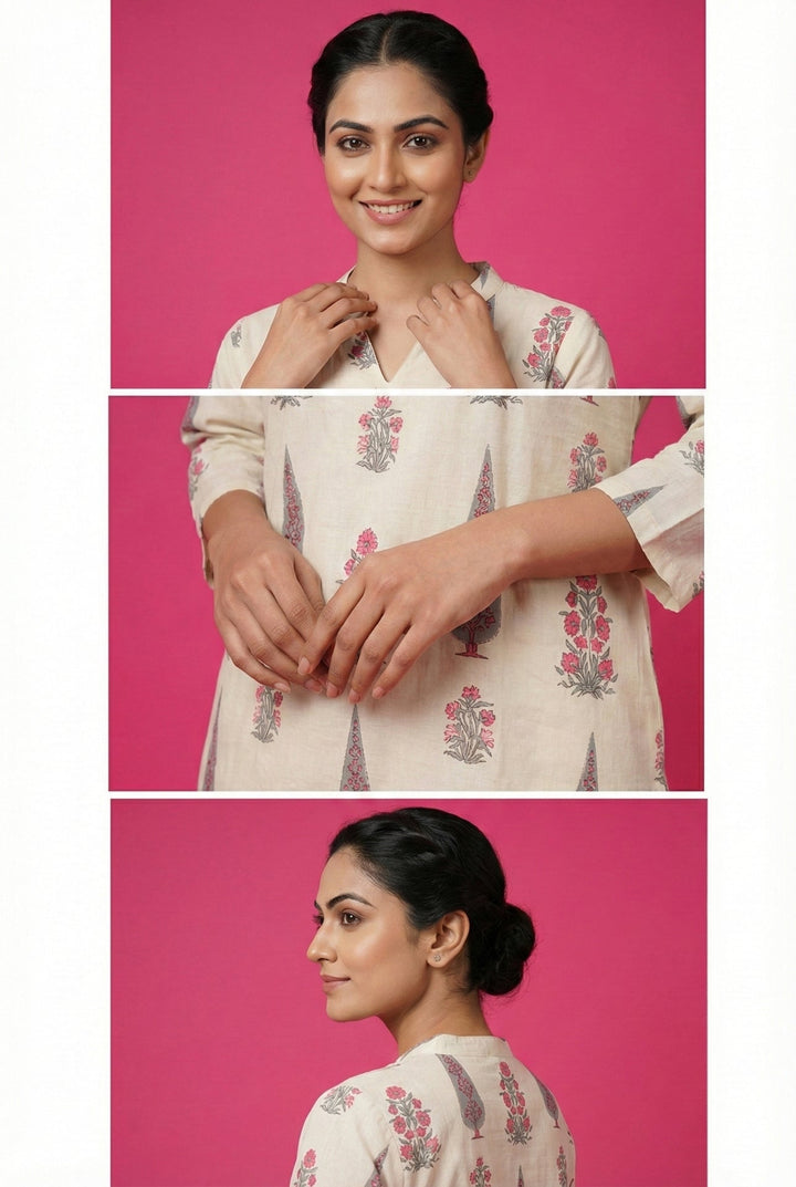 Neerus Pink cotton digital printed suit set - detail view 2