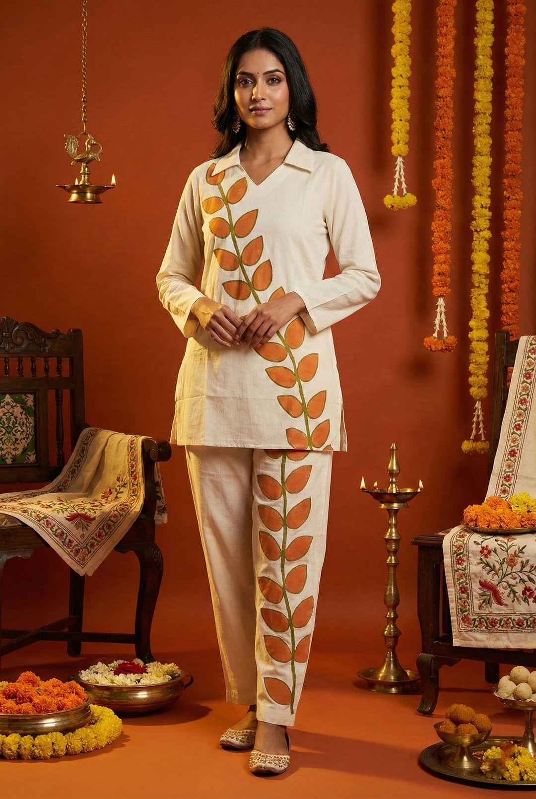 Neerus Orange cotton digital printed suit set - front view