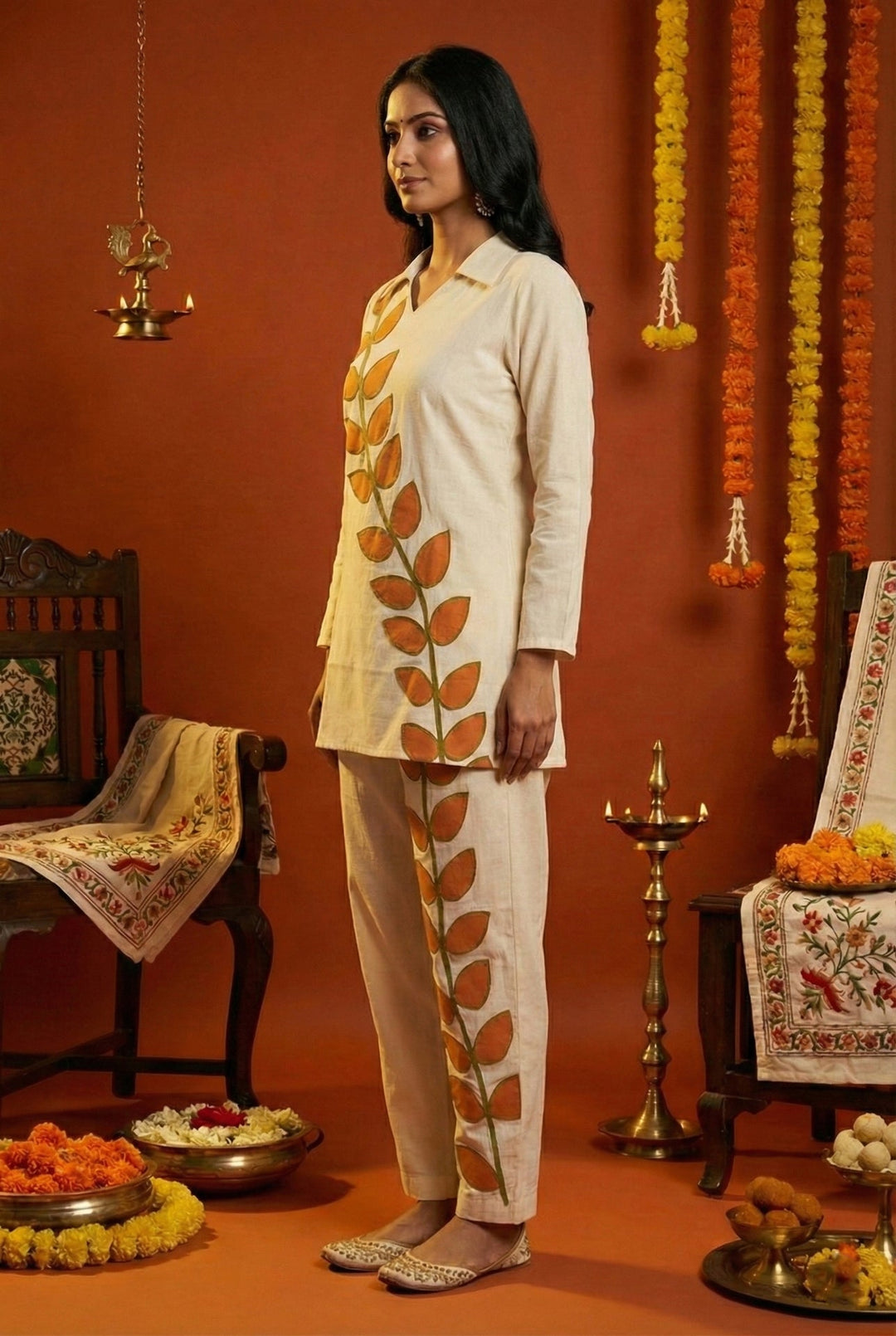 Neerus Orange cotton digital printed suit set - detail view 2