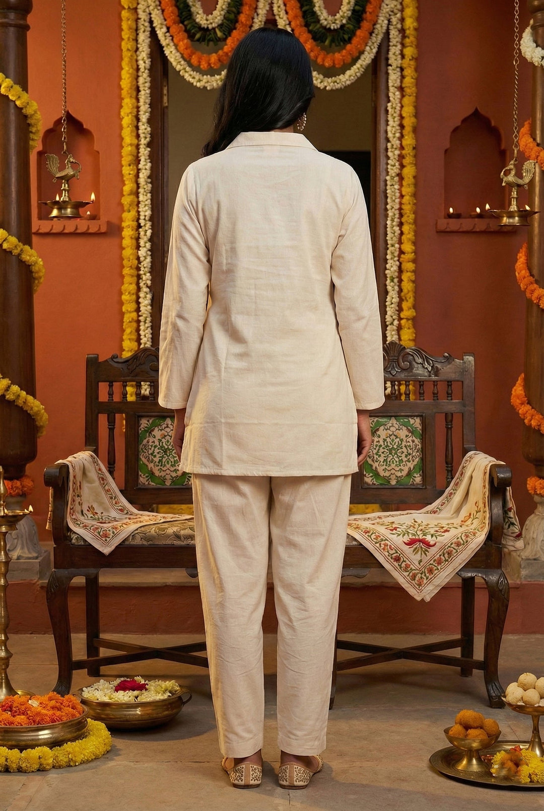 Neerus Orange cotton digital printed suit set - side view