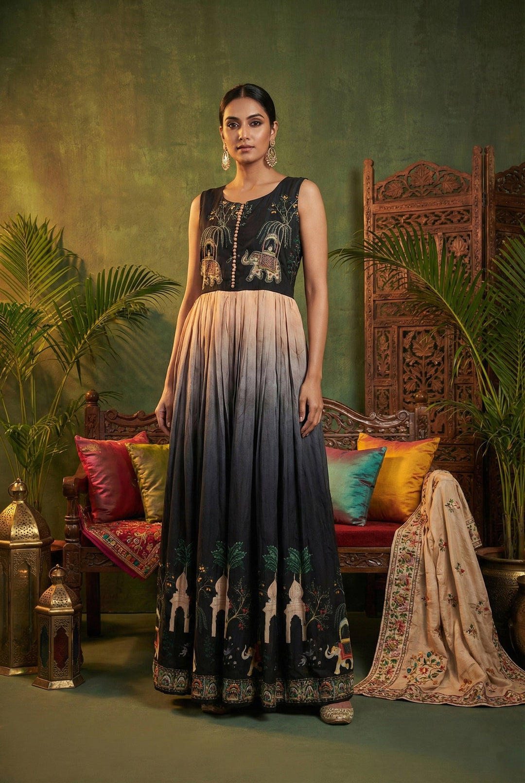 Neerus Black chinon digital printed maxi dress - front view