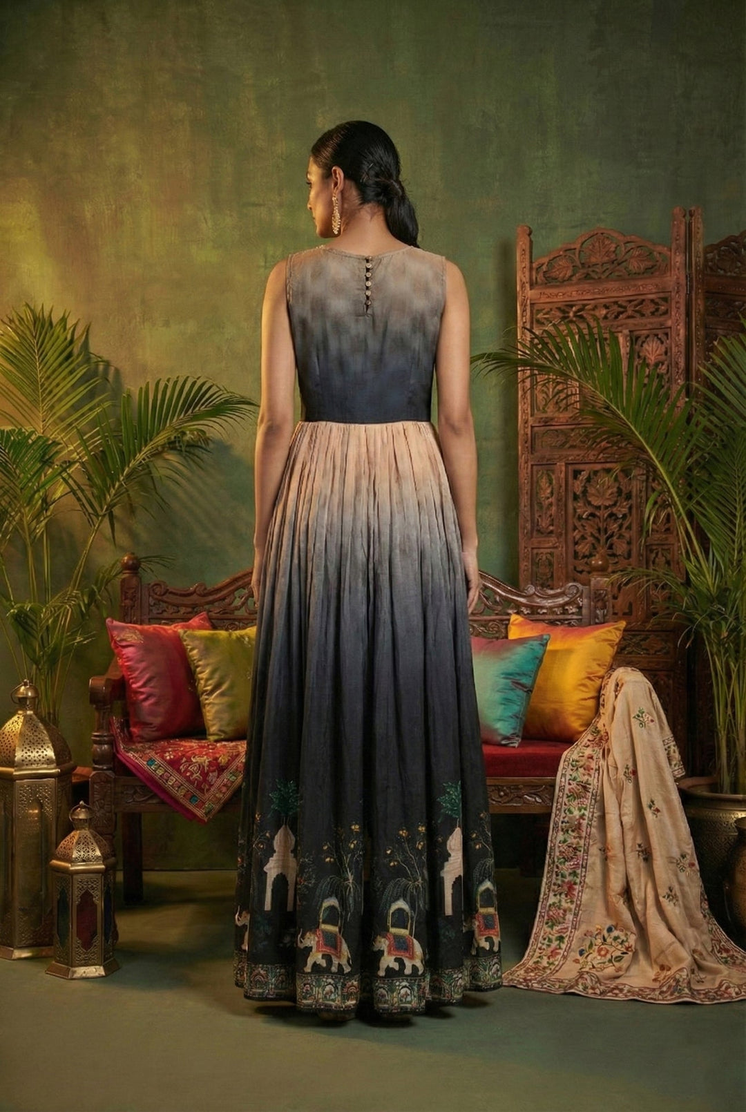 Neerus Black chinon digital printed maxi dress - back view