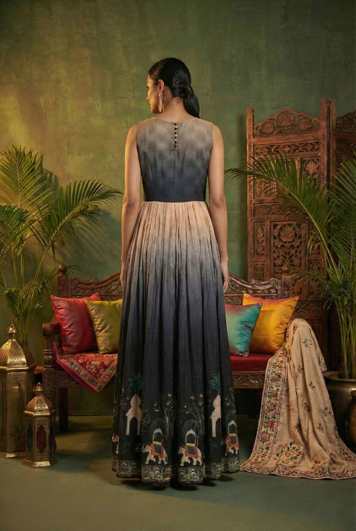 Neerus Black chinon digital printed maxi dress - back view