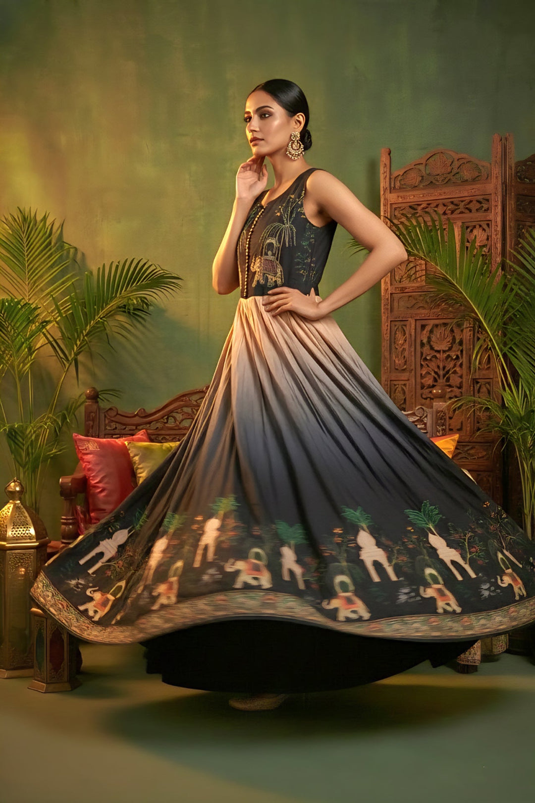 Neerus Black chinon digital printed maxi dress - side view