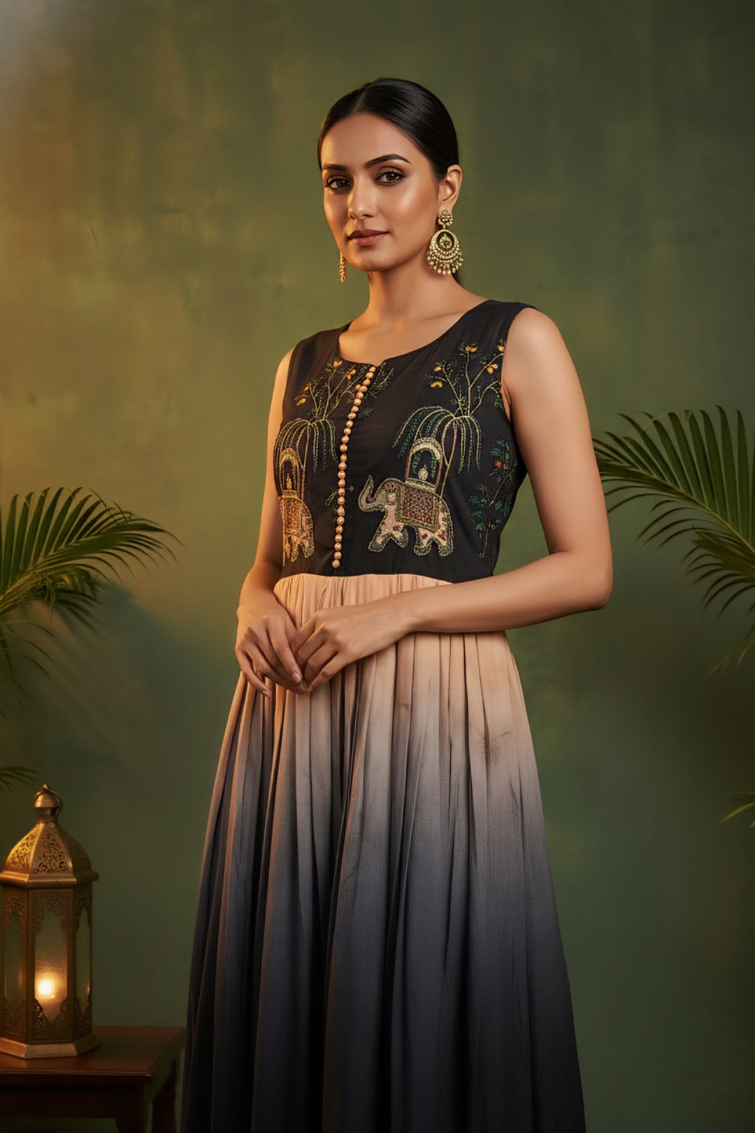 Neerus Black chinon digital printed maxi dress - detail view 3