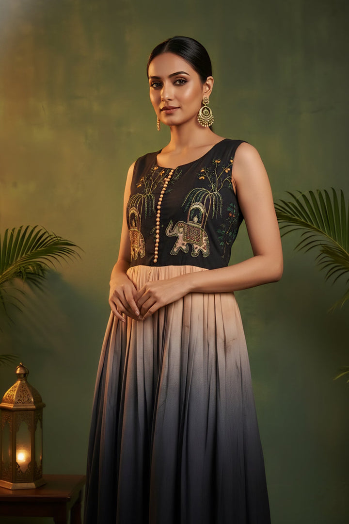 Neerus Black chinon digital printed maxi dress - detail view 3