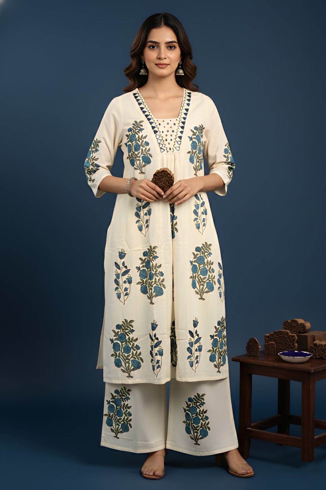 Neerus Green cotton digital printed suit set - front view