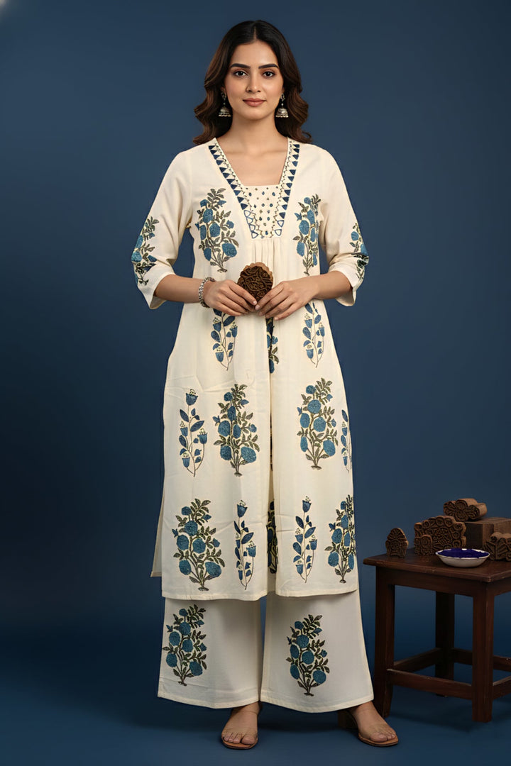 Neerus Green cotton digital printed suit set - front view