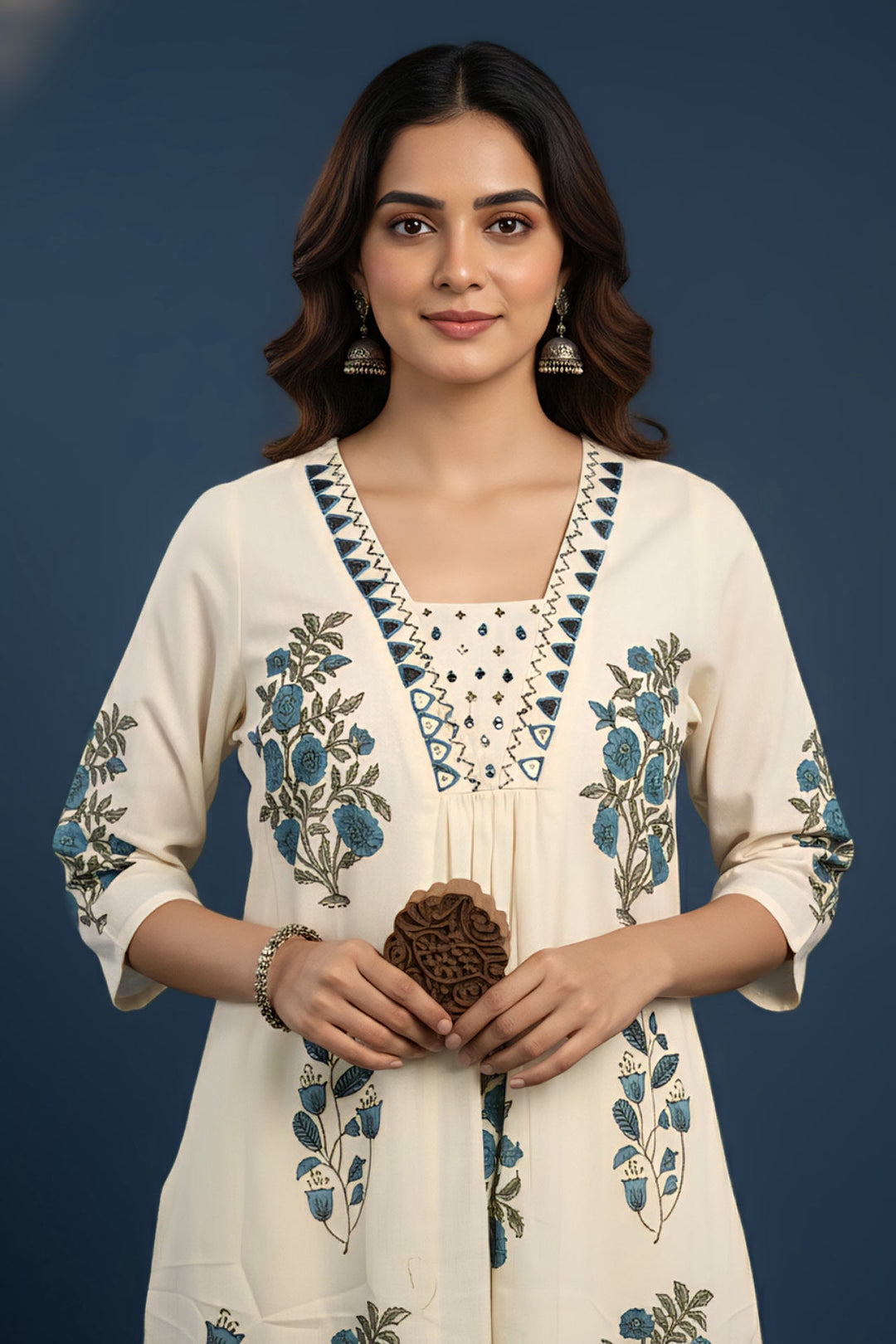 Neerus Green cotton digital printed suit set - back view