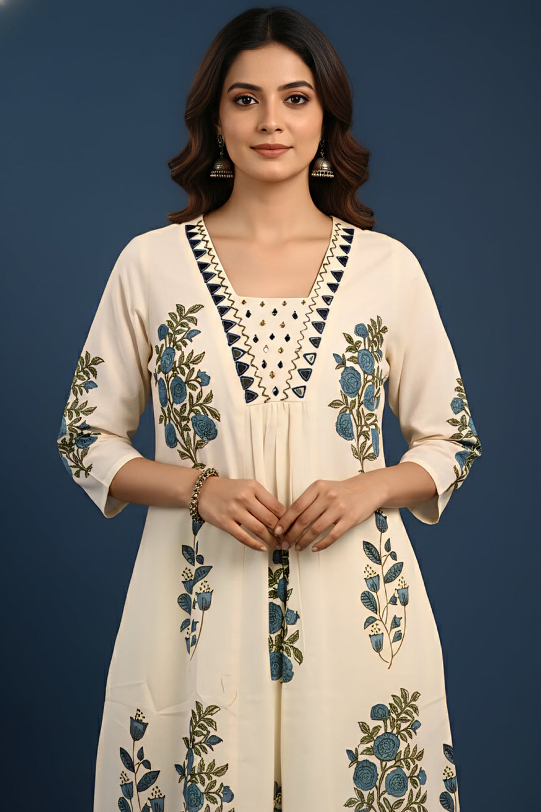Neerus Green cotton digital printed suit set - side view