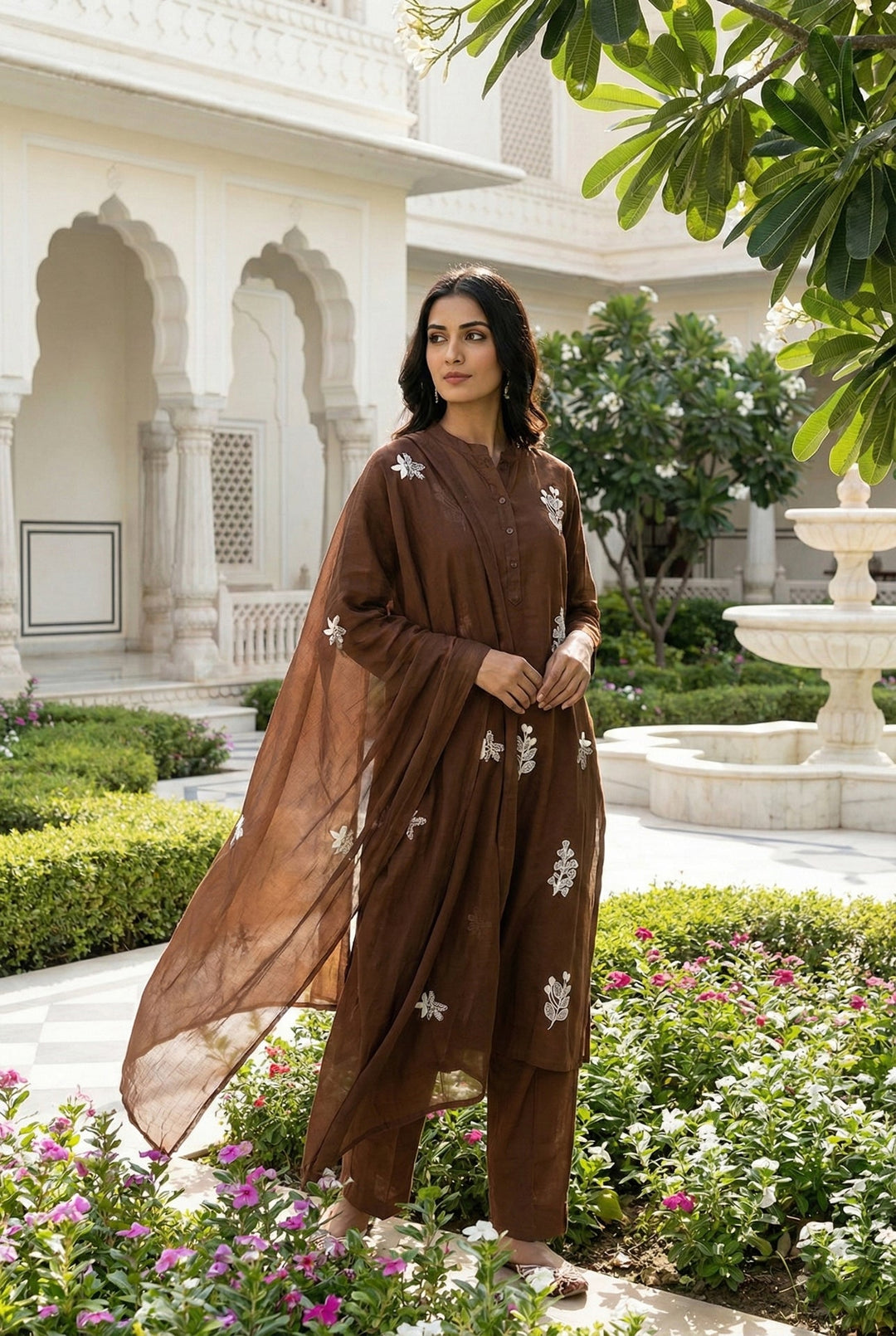 Neerus Brown Silk Embroidered Suit Set - front view
