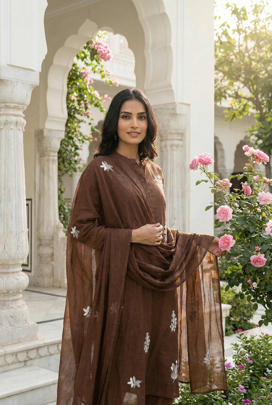 Neerus Brown Silk Embroidered Suit Set - back view