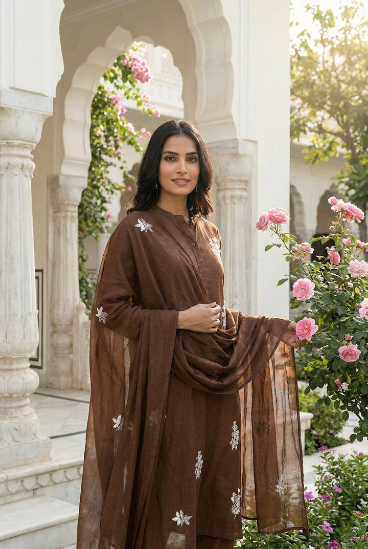 Neerus Brown Silk Embroidered Suit Set - back view