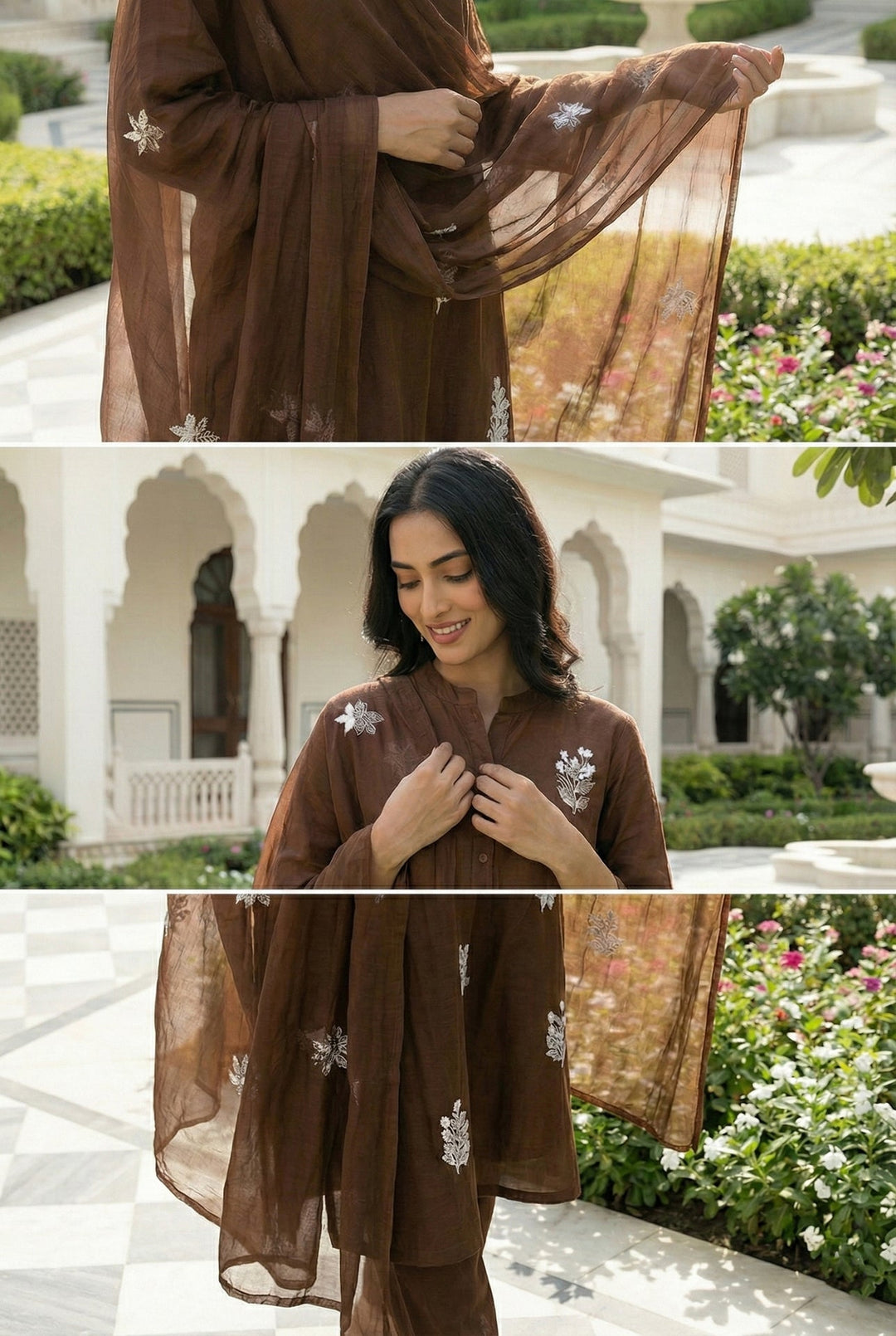 Neerus Brown Silk Embroidered Suit Set - detail view 4