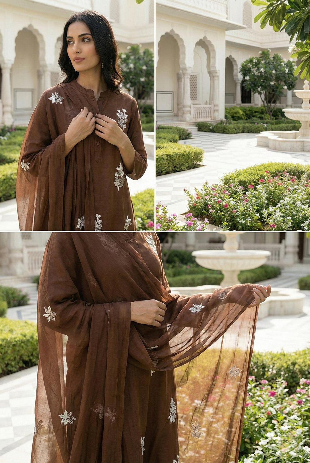 Neerus Brown Silk Embroidered Suit Set - detail view 3